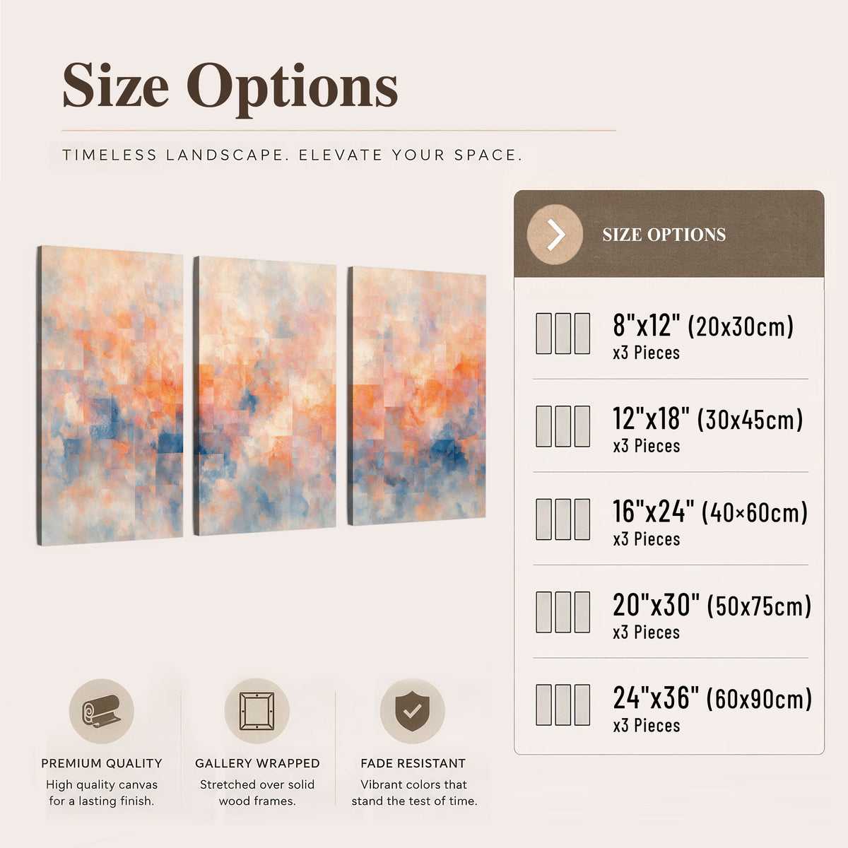 Peach and blue abstract painting 3 piece canvas wall art size options