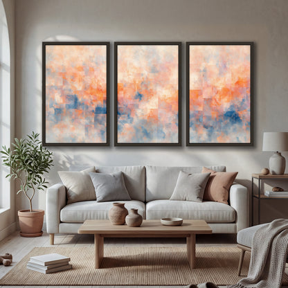 Peach and blue abstract painting 3 piece framed canvas in a bright living room