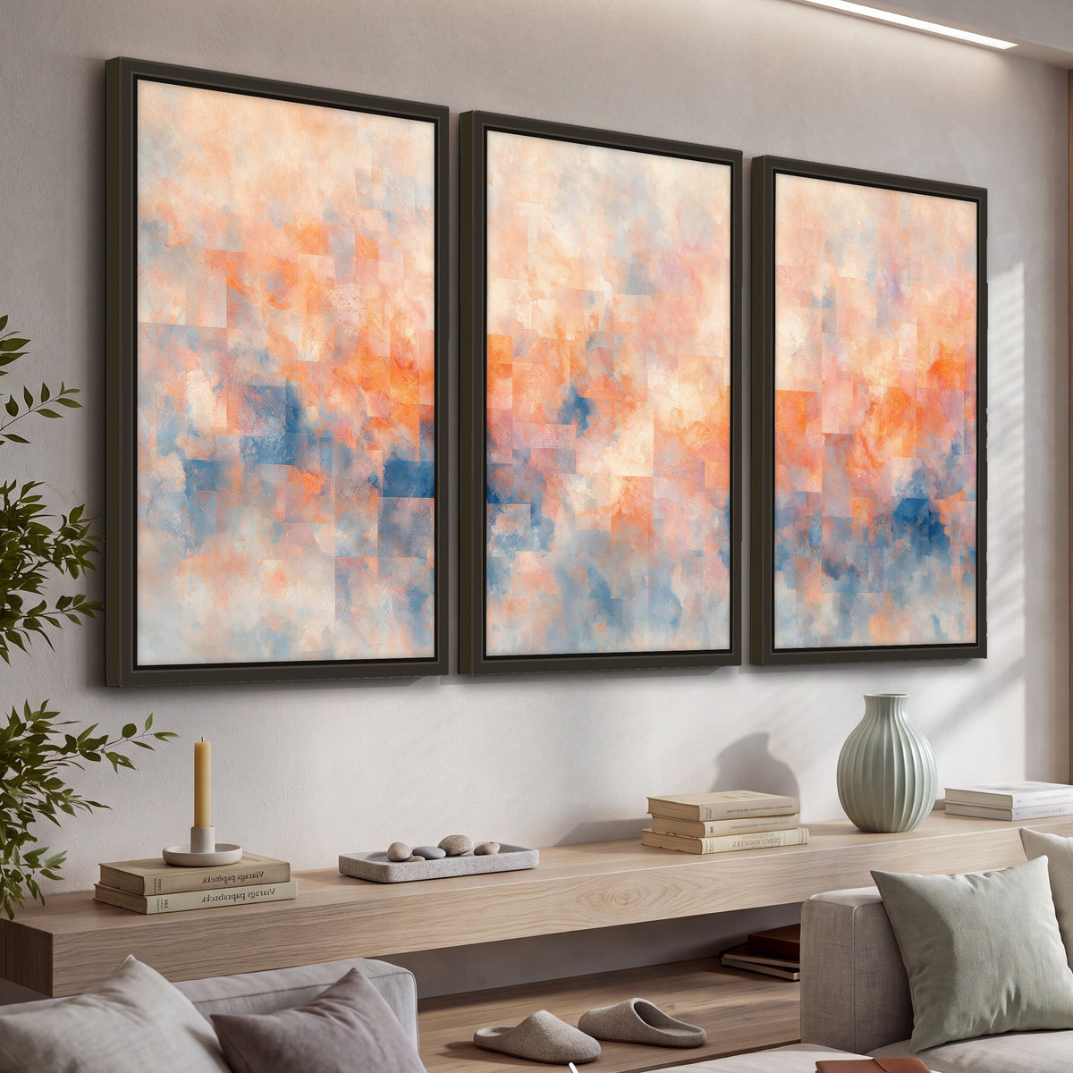 Peach and blue abstract painting 3 piece framed canvas in a living room above a console