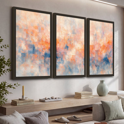 Peach and blue abstract painting 3 piece framed canvas in a living room above a console