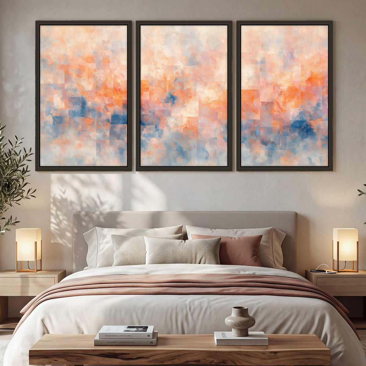 Peach and blue abstract painting 3 piece framed canvas in a bedroom above the bed