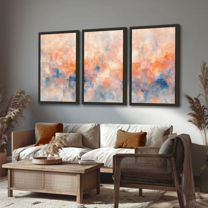 Peach and blue abstract painting 3 piece framed canvas in a rustic living room