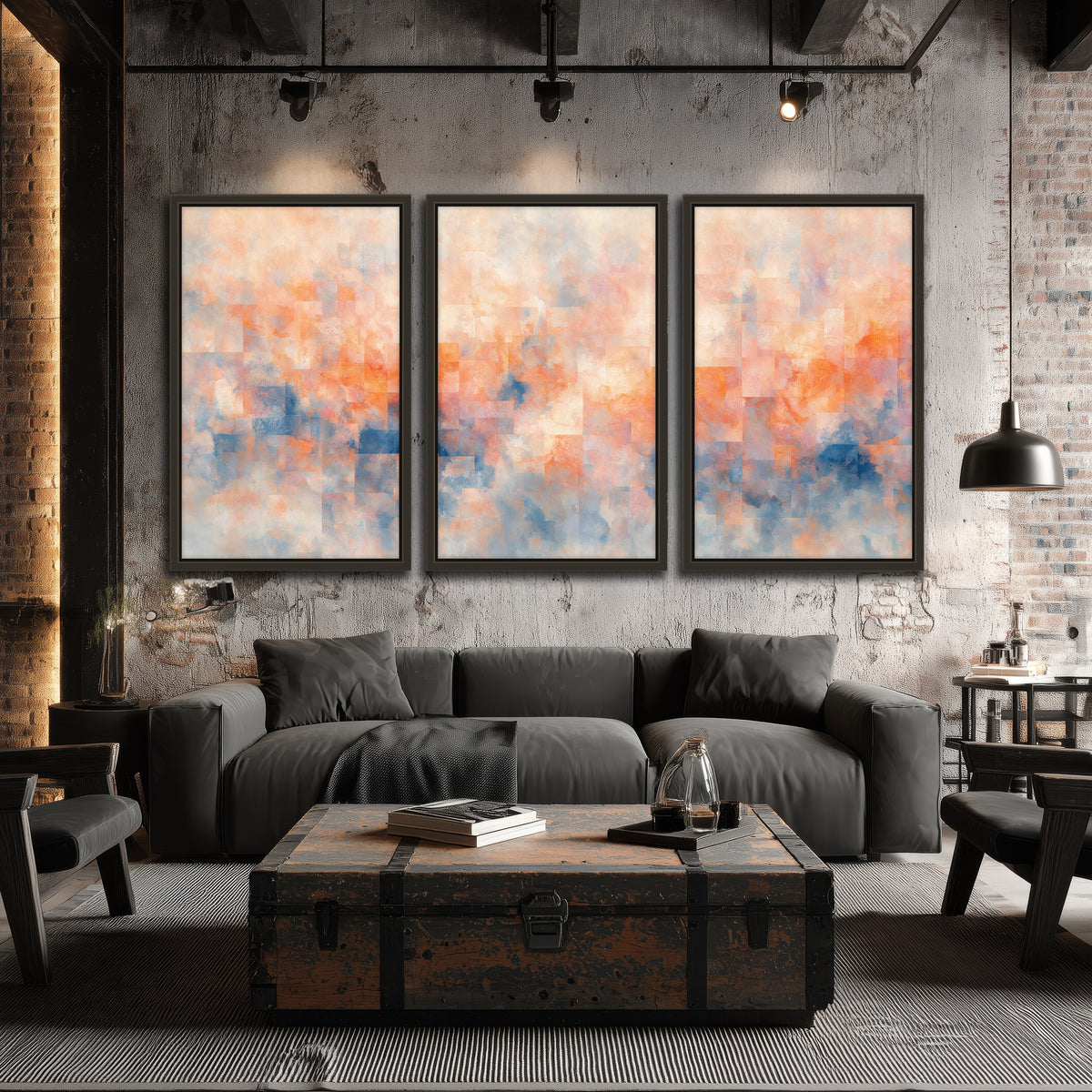 Peach and blue abstract painting 3 piece framed canvas in an industrial loft