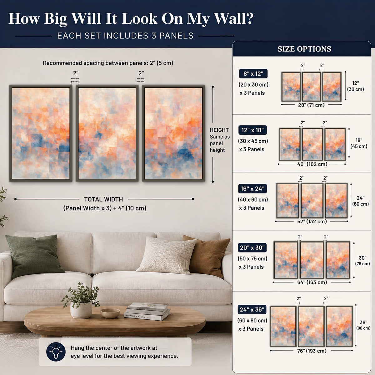 Peach and blue abstract painting 3 piece framed canvas size guide above a sofa
