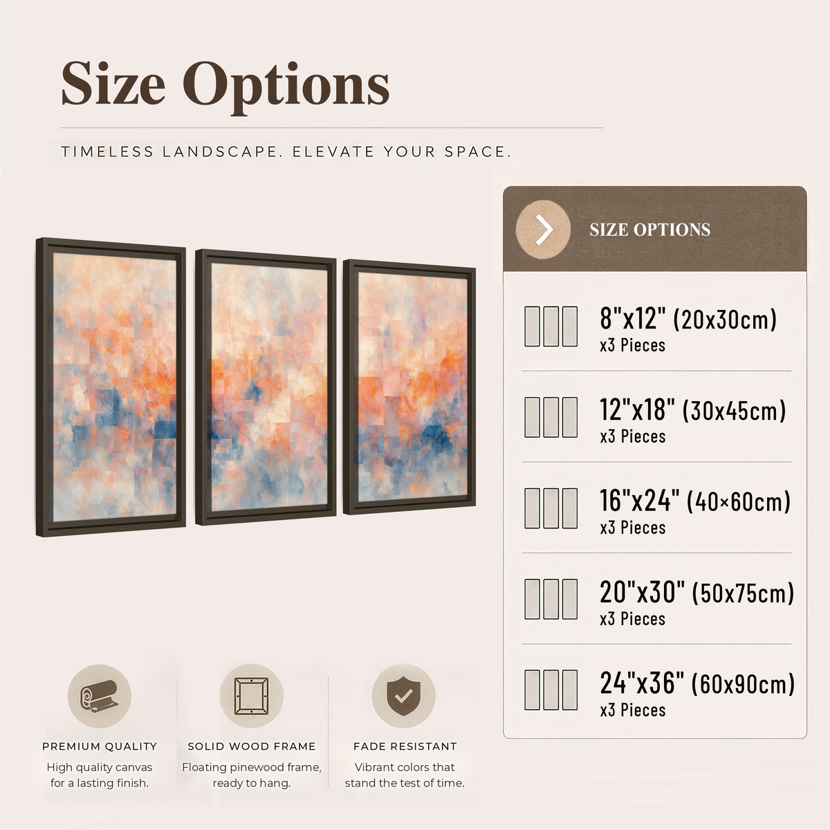Peach and blue abstract painting 3 piece framed canvas size options