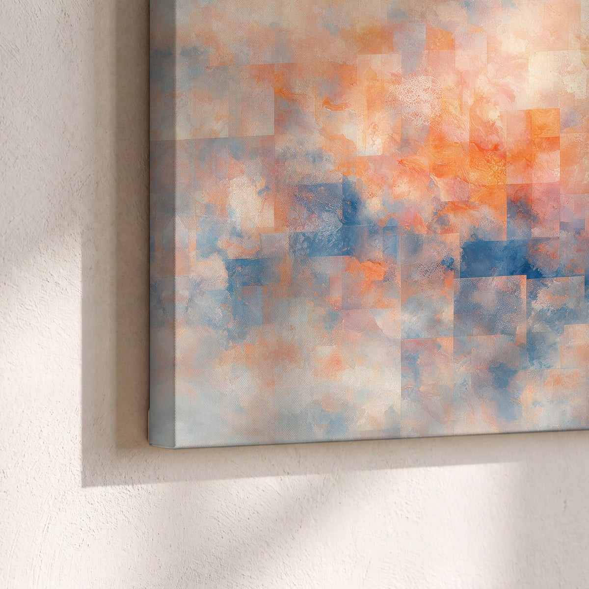 Peach and blue abstract painting canvas print close-up showing the gallery-wrapped edge