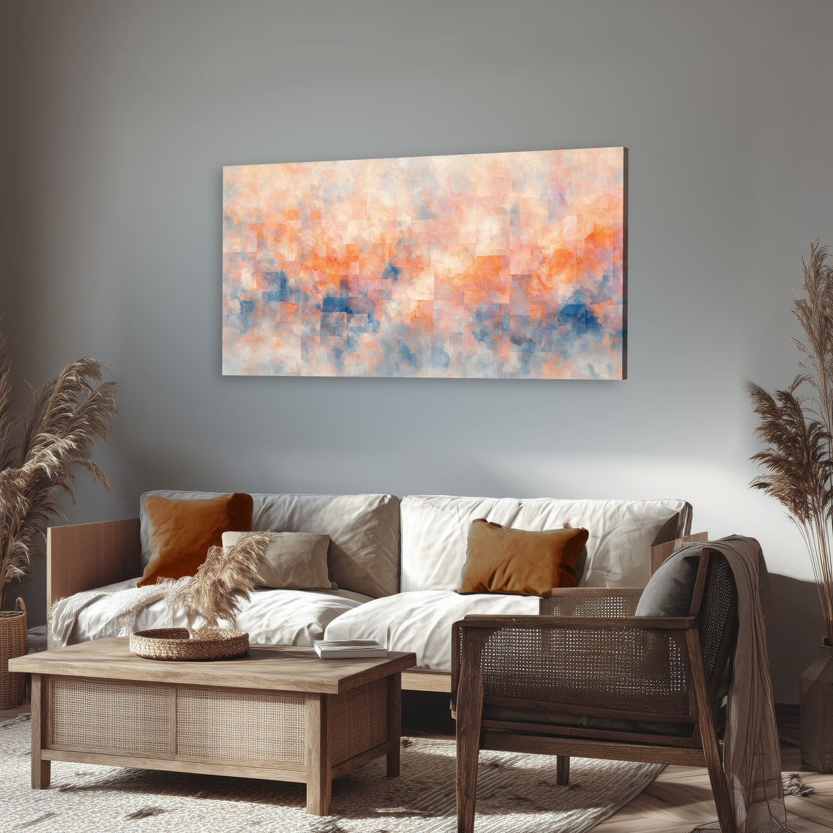 Peach and blue abstract painting canvas wall art in a rustic living room