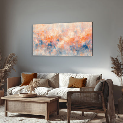 Peach and blue abstract painting canvas wall art in a rustic living room