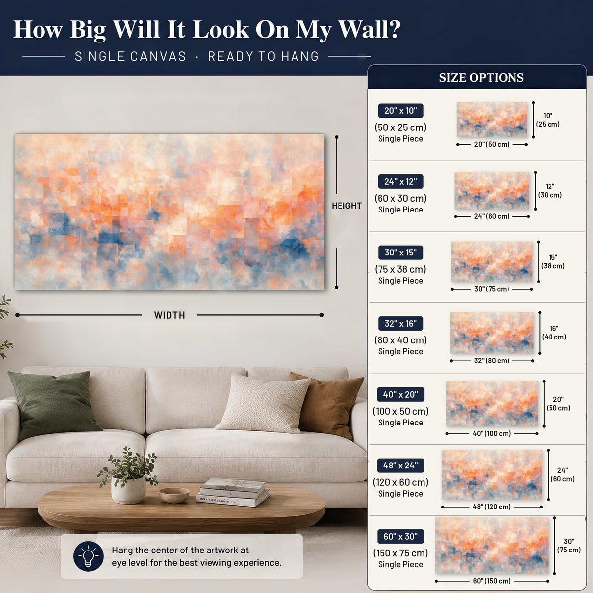 Peach and blue abstract painting canvas wall art size guide above a sofa