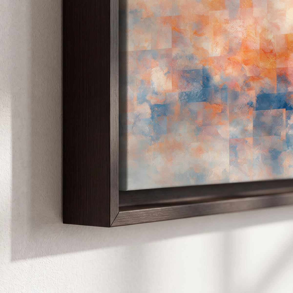 Peach and blue abstract painting framed canvas close-up showing the floating frame