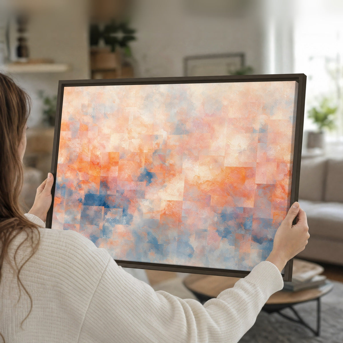 Peach and blue abstract painting framed canvas held in hands