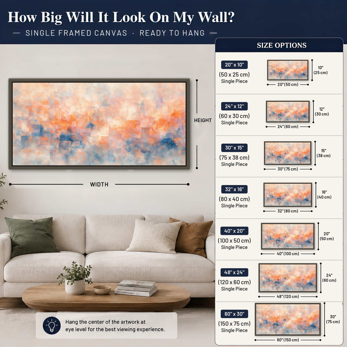 Peach and blue abstract painting framed canvas wall art size guide above a sofa