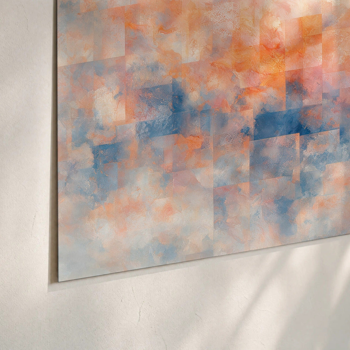 Peach and blue abstract painting poster print close-up on matte paper