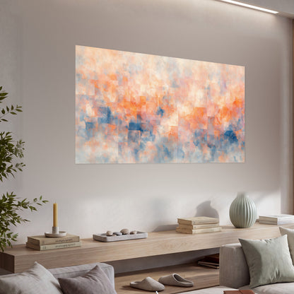 Peach and blue abstract painting poster print in a living room above a console