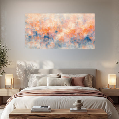 Peach and blue abstract painting poster print in a bedroom above the bed