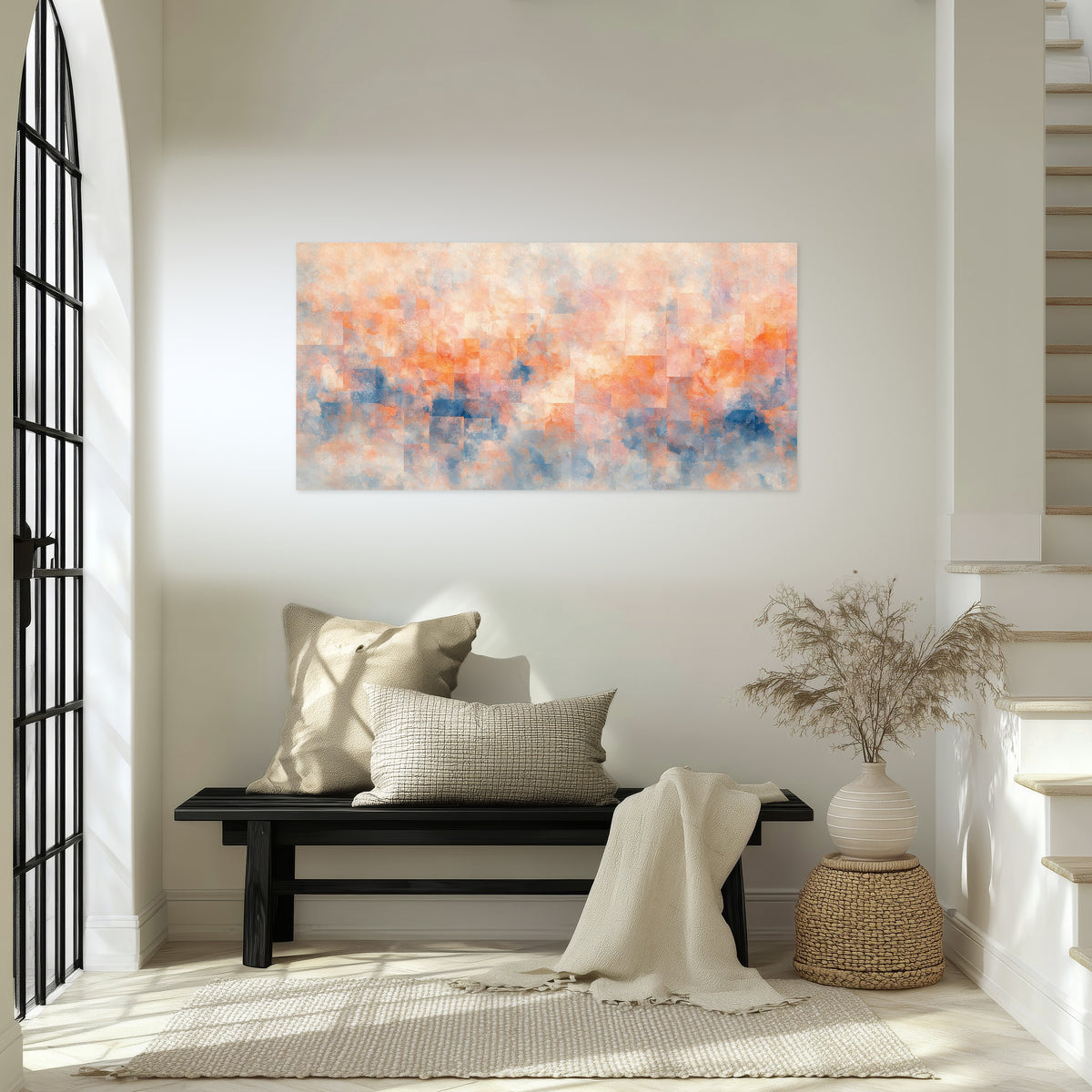 Peach and blue abstract painting poster print in an entryway above a bench