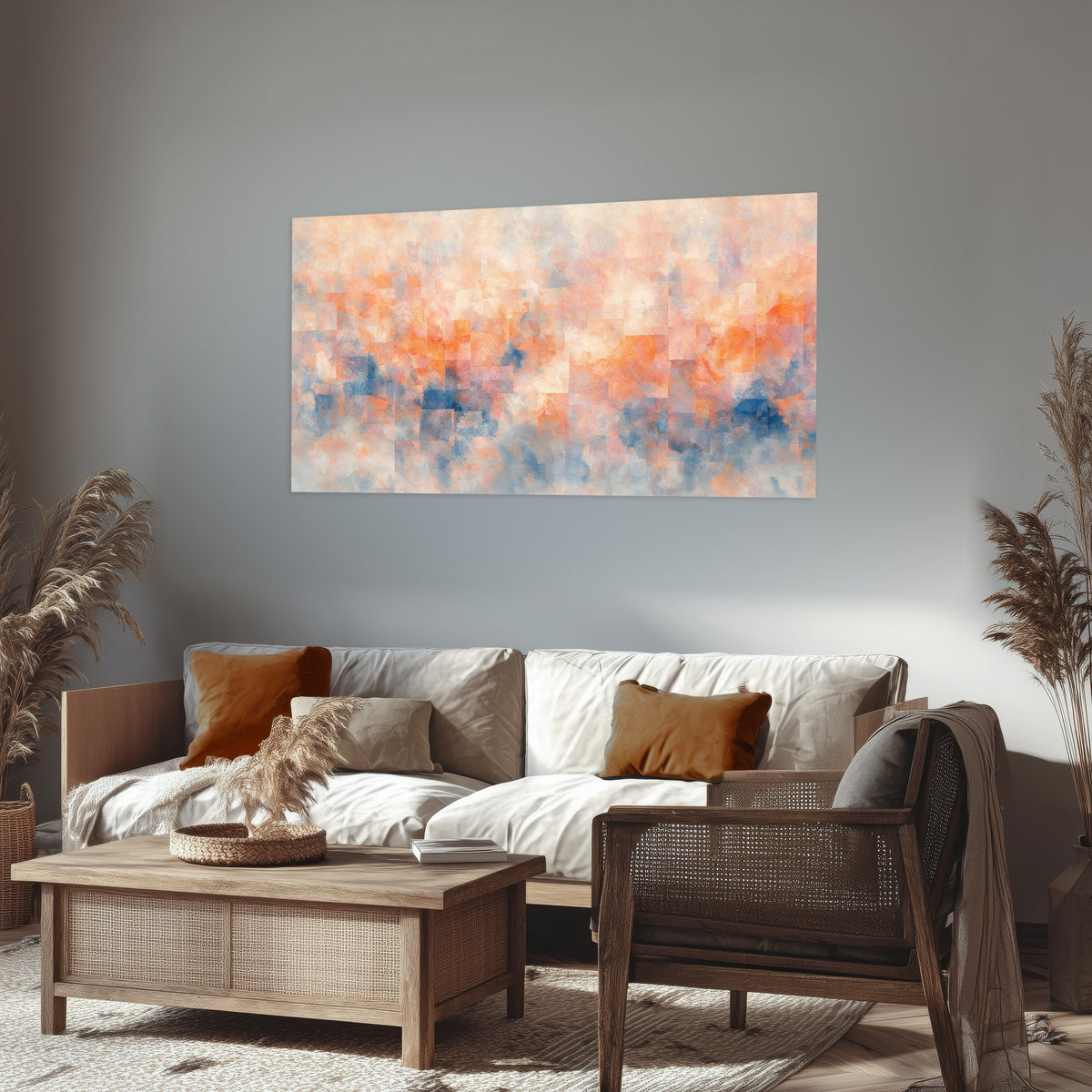 Peach and blue abstract painting poster print in a rustic living room
