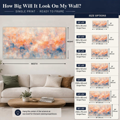 Peach and blue abstract painting poster print size guide above a sofa