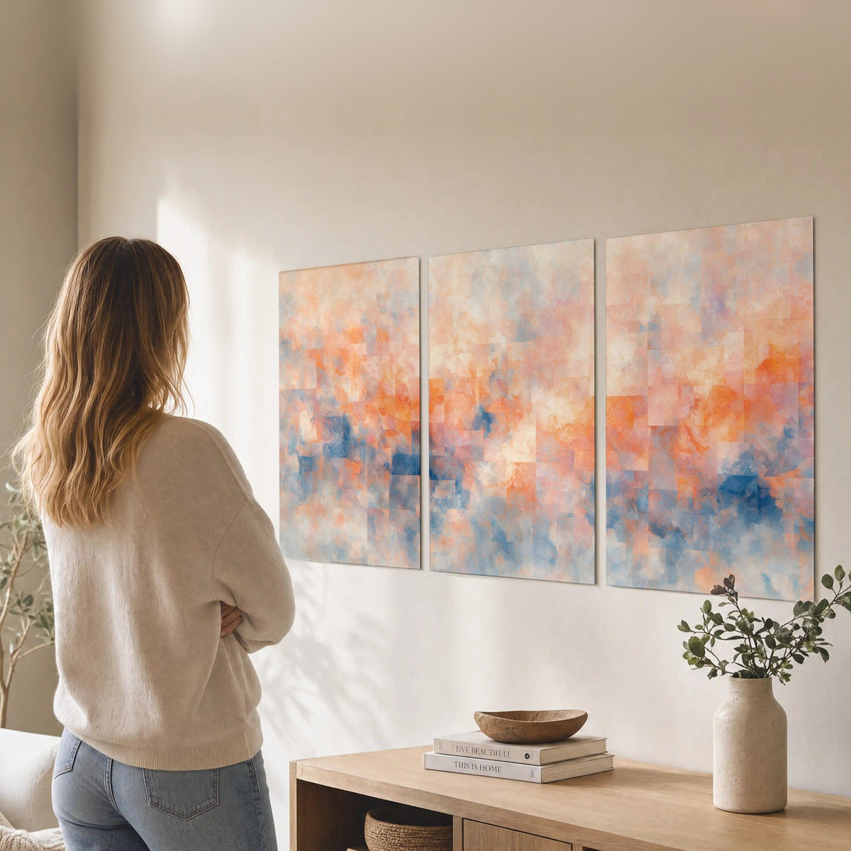 Peach and blue abstract painting set of 3 poster prints in a living room