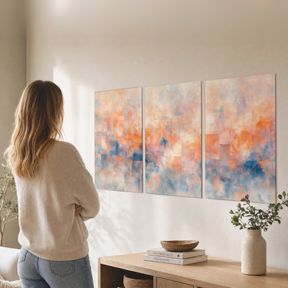 Peach and blue abstract painting set of 3 poster prints in a living room