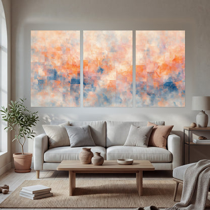 Peach and blue abstract painting set of 3 poster prints in a bright living room