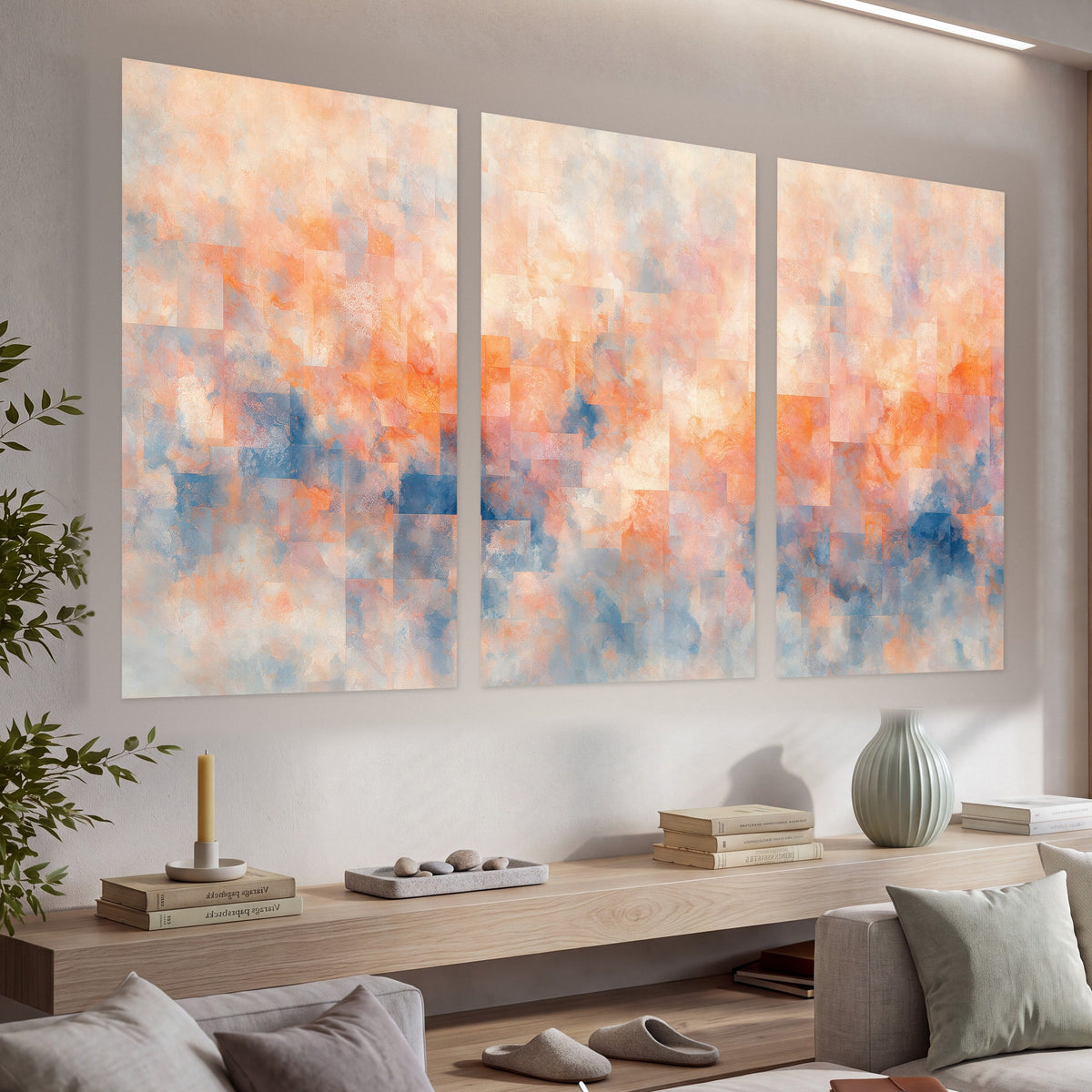 Peach and blue abstract painting set of 3 poster prints in a living room above a console