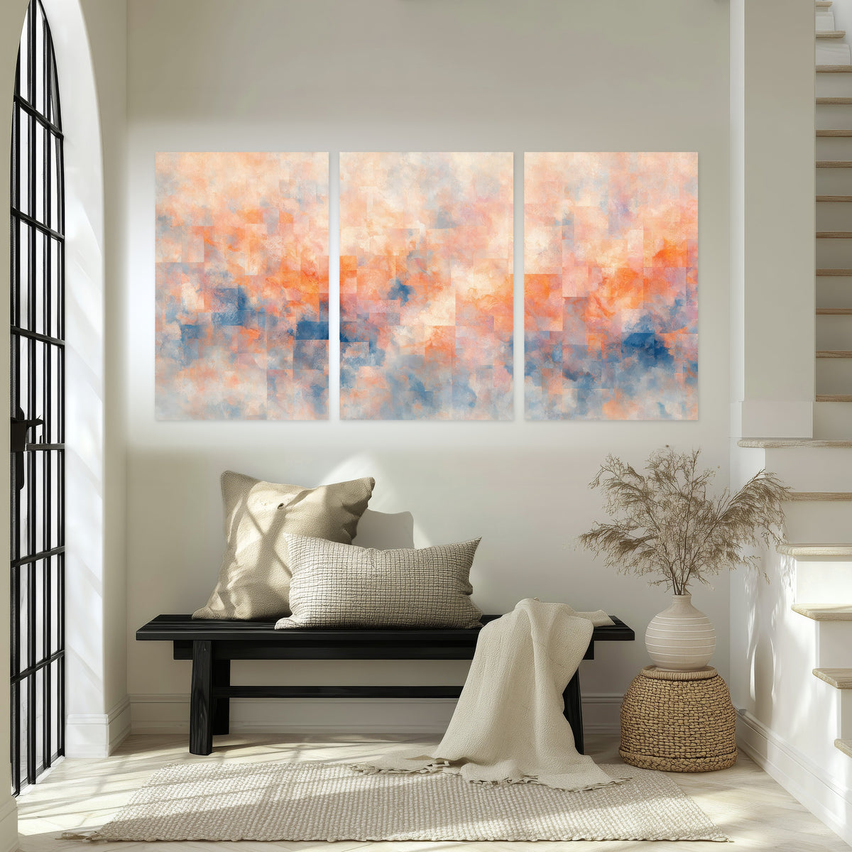 Peach and blue abstract painting set of 3 poster prints in an entryway above a bench