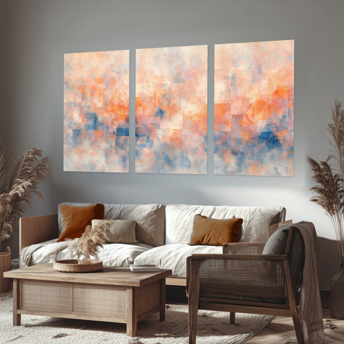 Peach and blue abstract painting set of 3 poster prints in a rustic living room