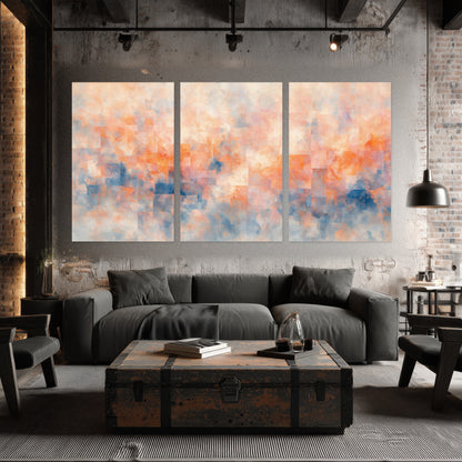 Peach and blue abstract painting set of 3 poster prints in an industrial loft