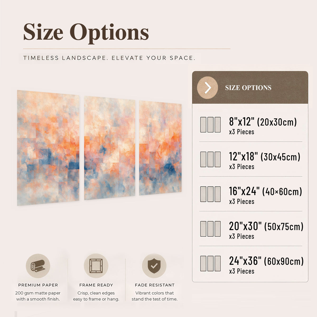 Peach and blue abstract painting set of 3 poster prints size options