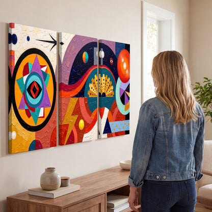 Bold boho geometric painting 3 piece canvas wall art in a living room