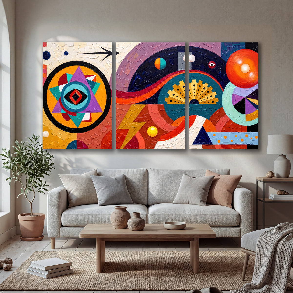 Bold boho geometric painting 3 piece canvas wall art in a bright living room