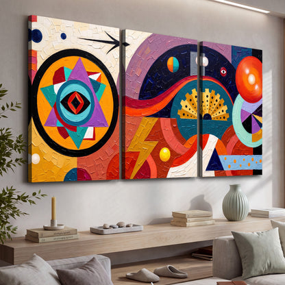 Bold boho geometric painting 3 piece canvas wall art in a living room above a console