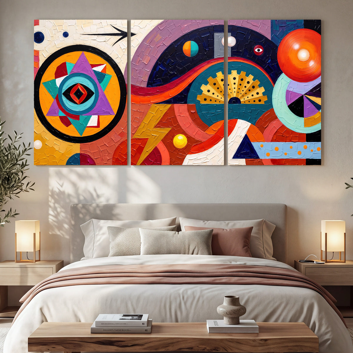 Bold boho geometric painting 3 piece canvas wall art in a bedroom above the bed