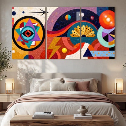 Bold boho geometric painting 3 piece canvas wall art in a bedroom above the bed
