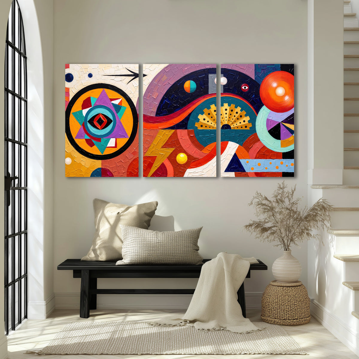 Bold boho geometric painting 3 piece canvas wall art in an entryway above a bench