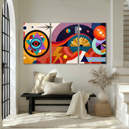 Bold boho geometric painting 3 piece canvas wall art in an entryway above a bench