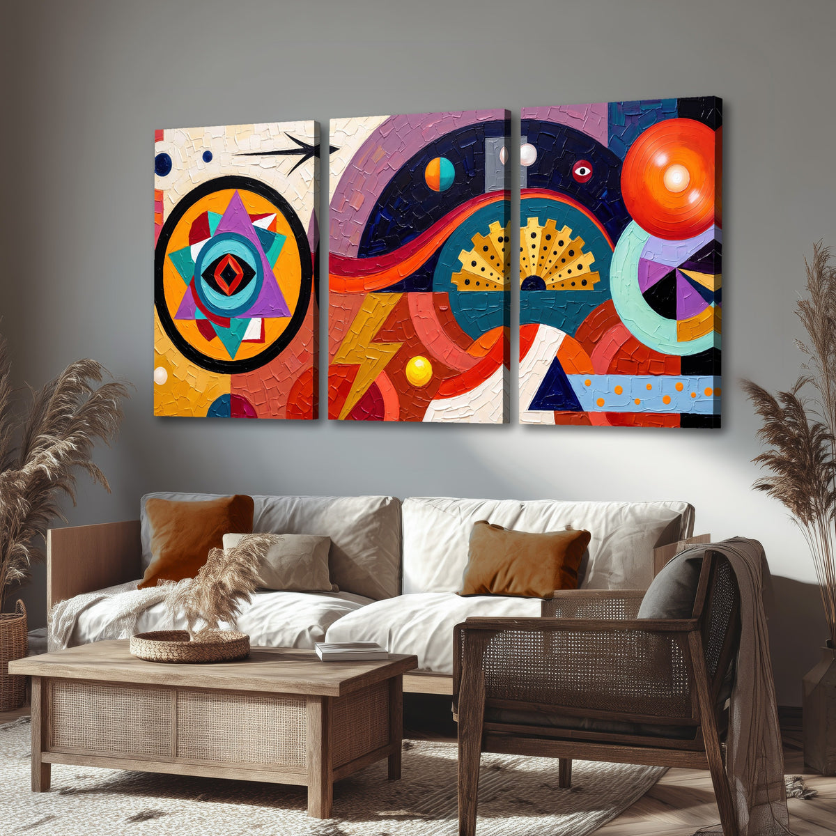 Bold boho geometric painting 3 piece canvas wall art in a rustic living room