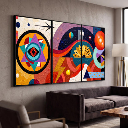 Bold boho geometric painting 3 piece canvas wall art in a modern living room