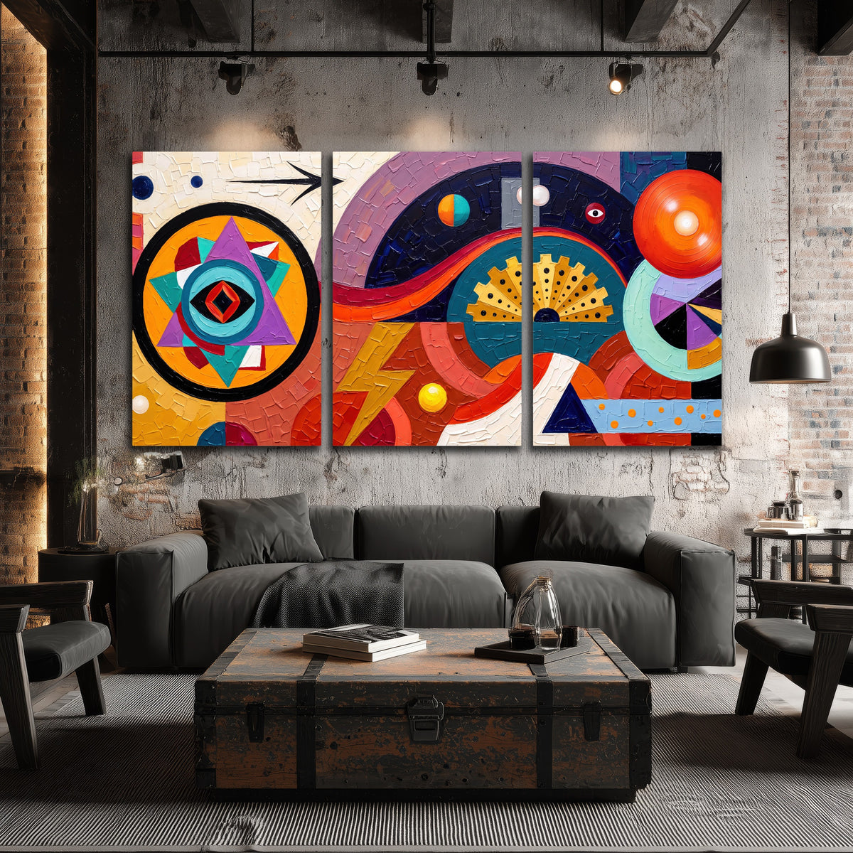 Bold boho geometric painting 3 piece canvas wall art in an industrial loft
