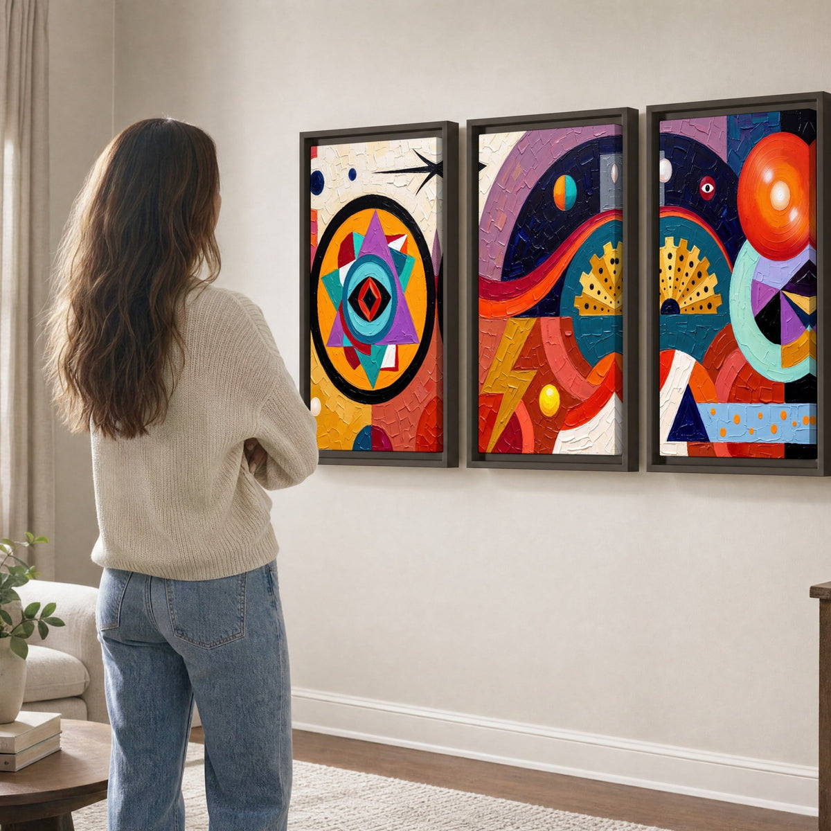 Bold boho geometric painting 3 piece framed canvas in a living room