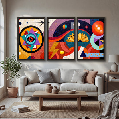 Bold boho geometric painting 3 piece framed canvas in a bright living room