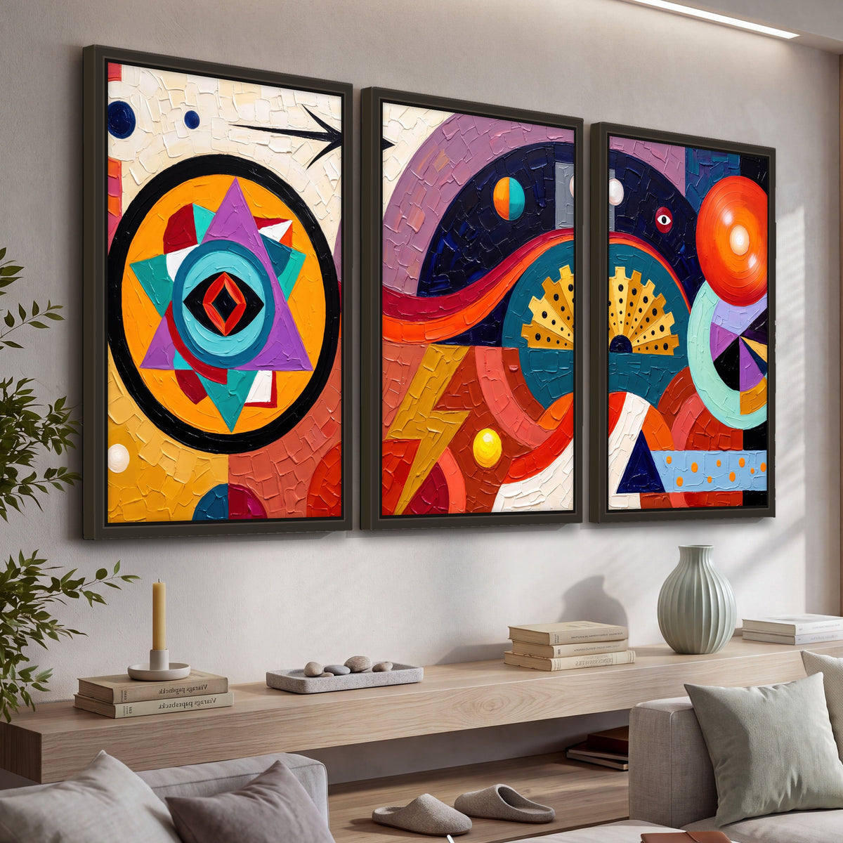 Bold boho geometric painting 3 piece framed canvas in a living room above a console