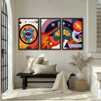 Bold boho geometric painting 3 piece framed canvas in an entryway above a bench