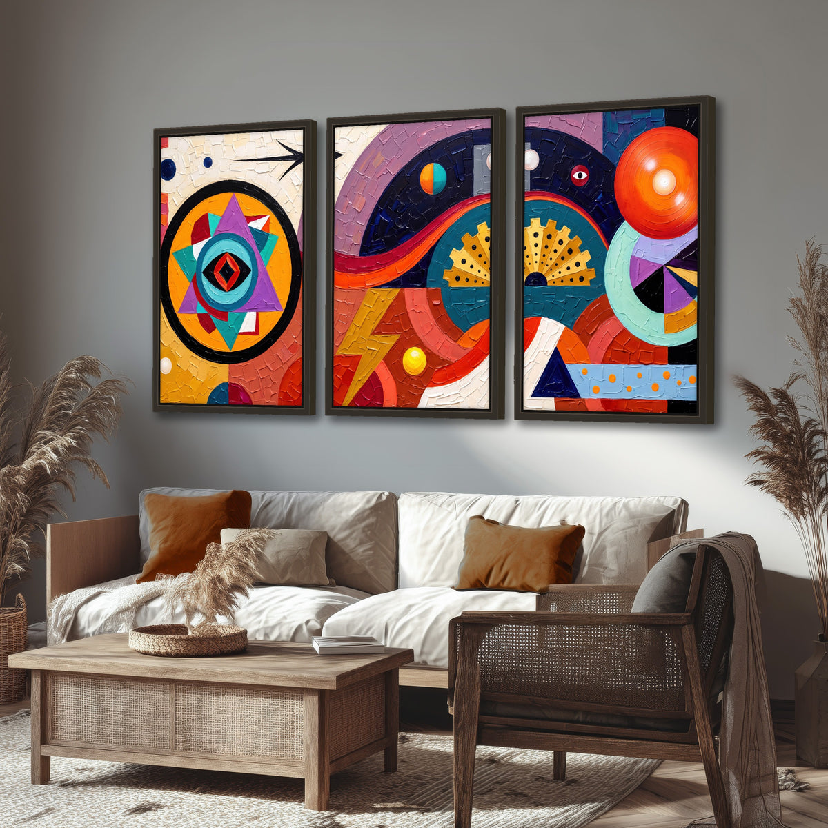 Bold boho geometric painting 3 piece framed canvas in a rustic living room