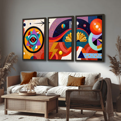 Bold boho geometric painting 3 piece framed canvas in a rustic living room