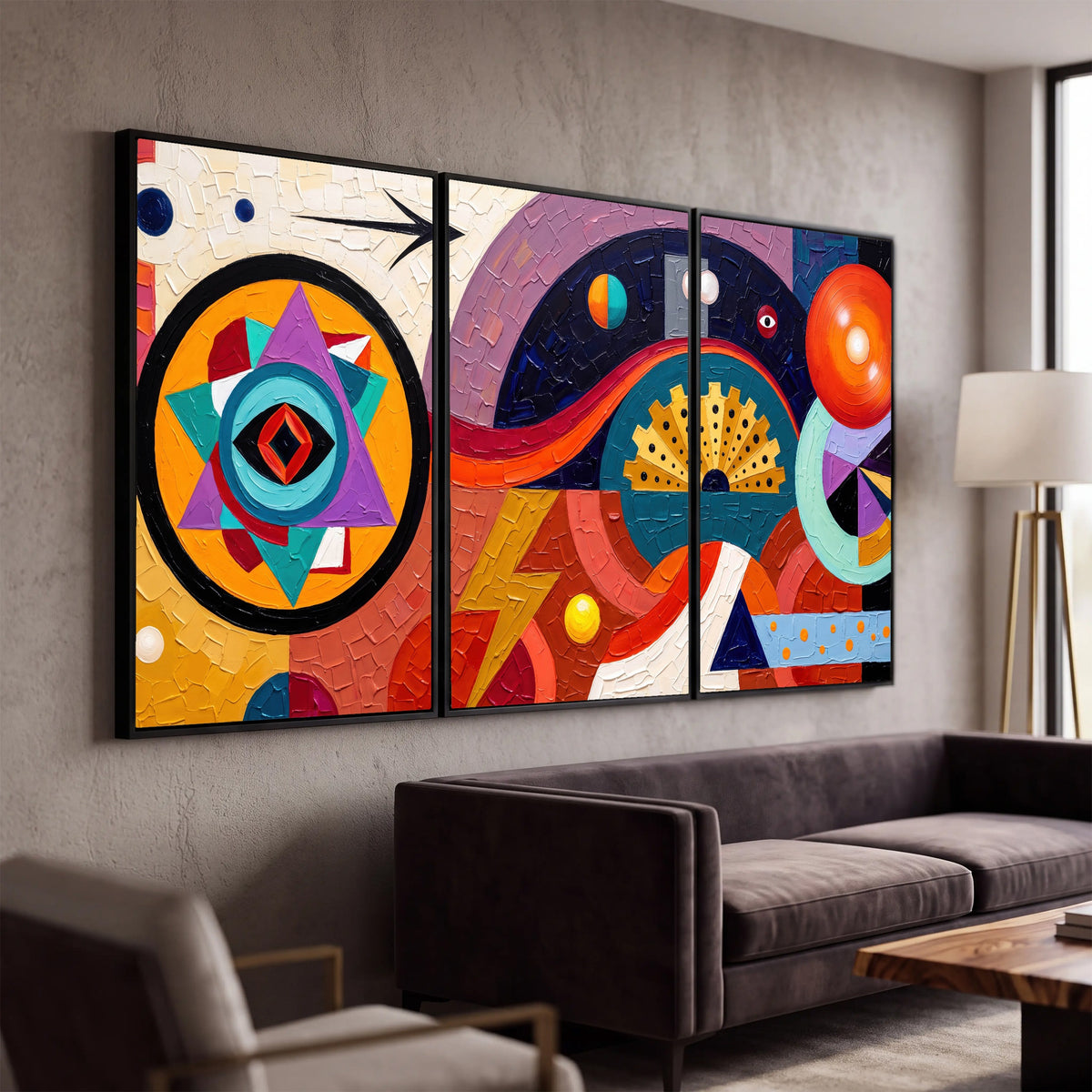 Bold boho geometric painting 3 piece framed canvas in a modern living room