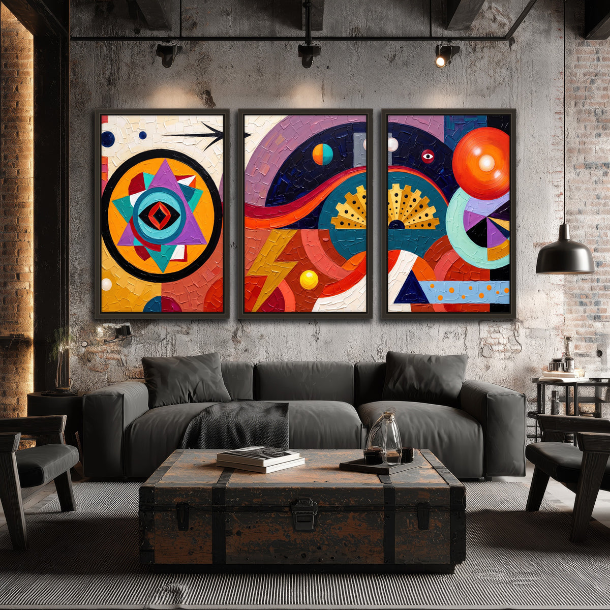 Bold boho geometric painting 3 piece framed canvas in an industrial loft