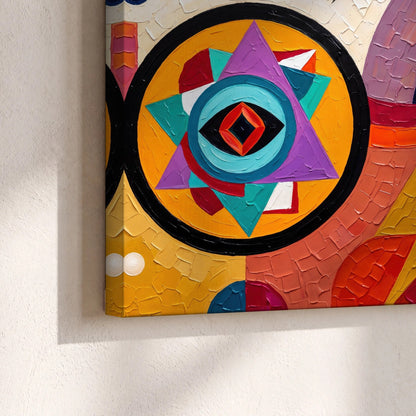 Bold boho geometric painting canvas print close-up showing the gallery-wrapped edge