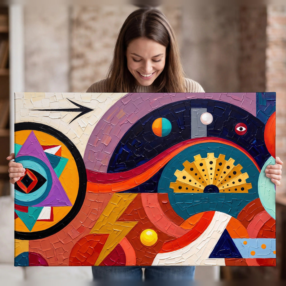 Bold boho geometric painting canvas wall art held in hands